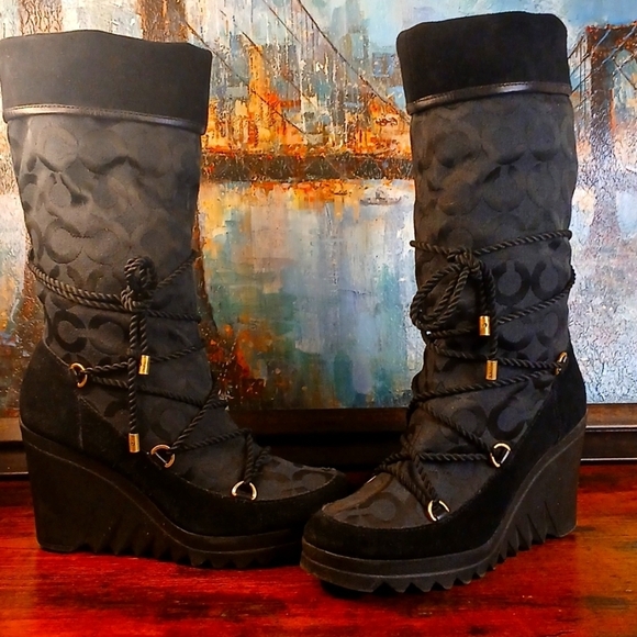 Coach Black Lace Up Wedge Boots - Picture 4 of 16